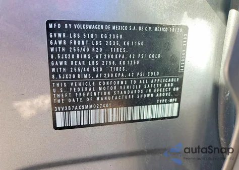 2021 Volkswagen Tiguan Se z USA, uszkodzony, nr VIN 3VV3B7AX9MM027441